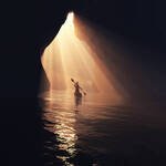 Kayaker afloating to the cave. This is a 3d render illustration